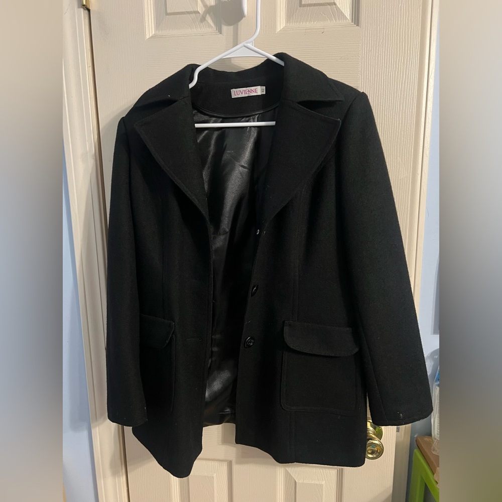 Vintage LuVienne Women Pea Coat Wool Blend Double Breasted Pocket Black Large 42